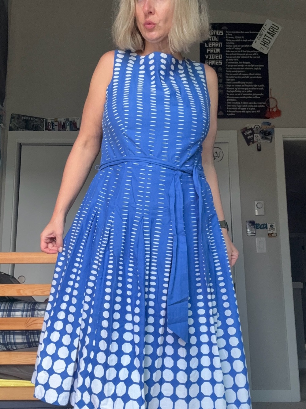 Anne Klein Blue White Cotton Fit & Flare Midi Dress Belted Size 12